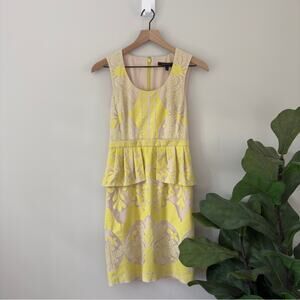BCBGMaxAzria Sleeveless Mesh Dress Pencil Yellow & Cream Mini Zipper Zip Up Back